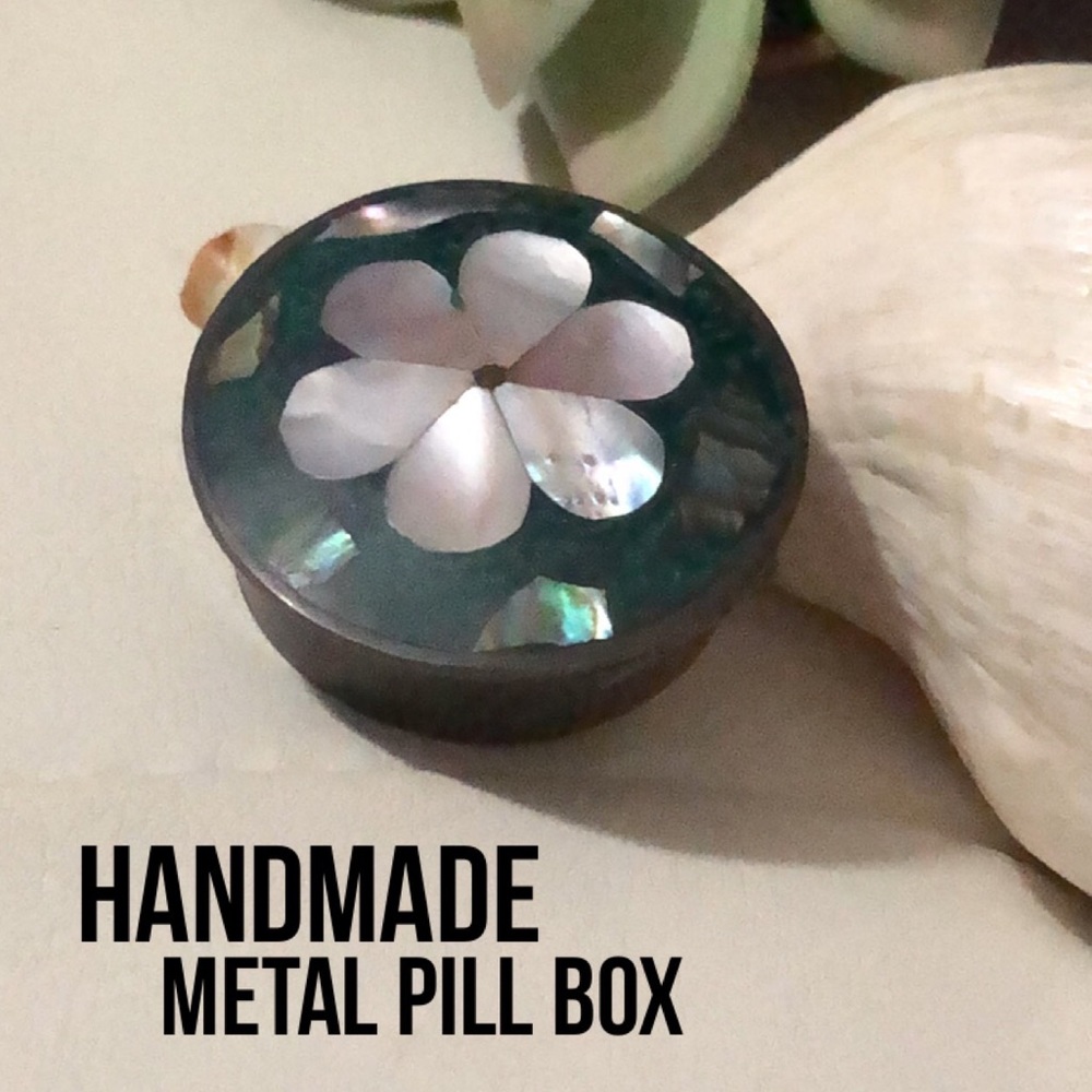 Handmade Vintage Mini Metal Tin-Abalone Inlay Cover Detail